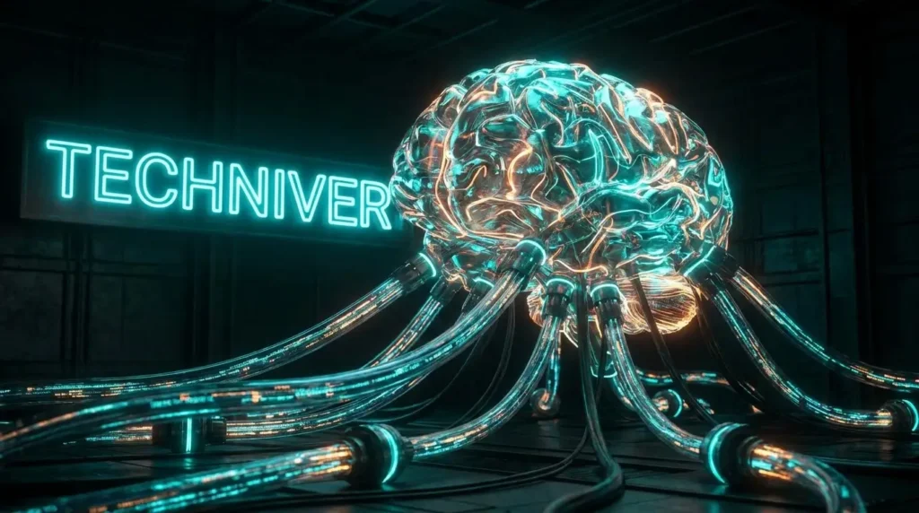 A futuristic visualization of Janitor AI connecting to multiple LLM API nodes and data streams, featuring the Techniver logo.