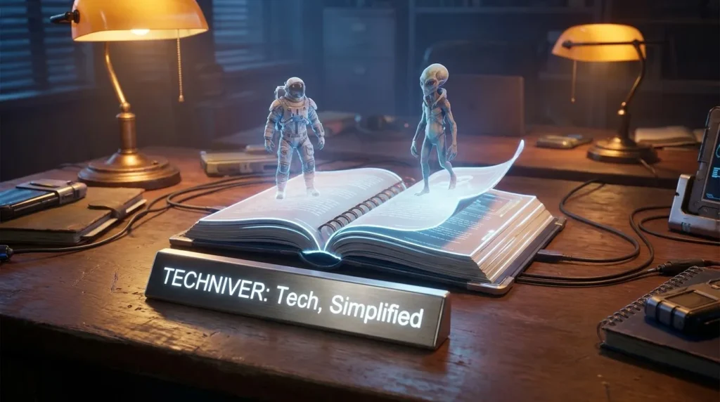 Holographic AI characters emerging from a digital manuscript for Janitor AI interactive storytelling and roleplay, with a Techniver nameplate.