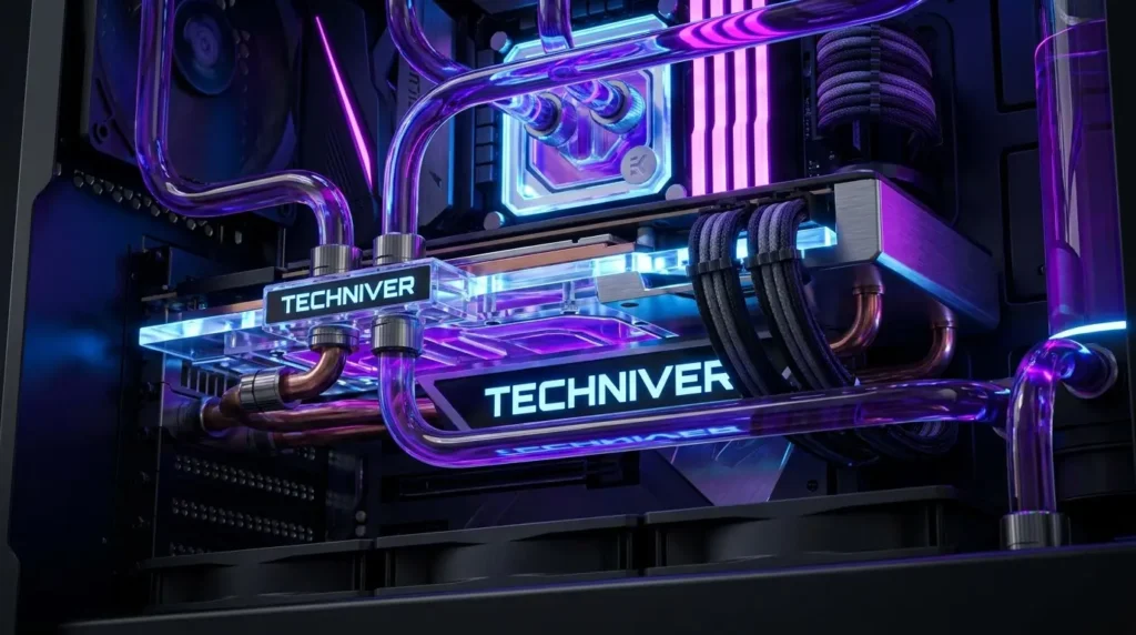 A high-end GPU processing local language models for Kobold AI integration in Janitor AI, displaying the Techniver brand.