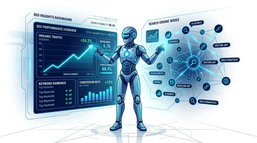AI agent for SEO concept showing an automated search engine optimization workflow on a digital dashboard.