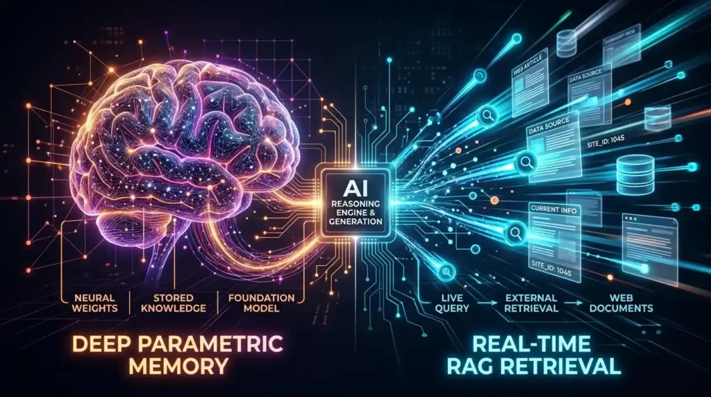 3D conceptual illustration showing the difference between AI memory models like ChatGPT and real-time RAG retrieval like Perplexity for GEO.