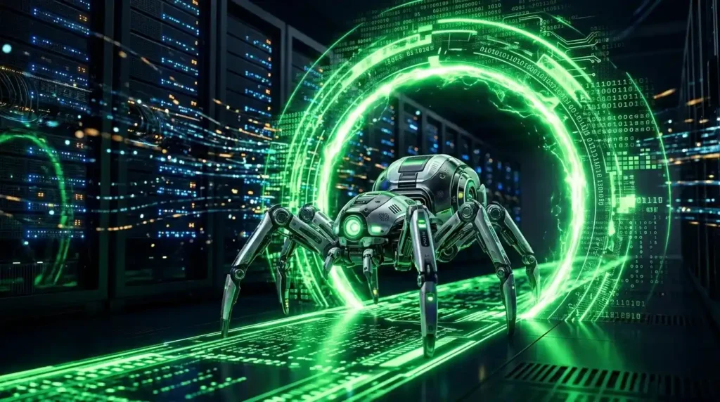 Robotic AI search crawler safely passing through a glowing green website firewall to index content for Generative Engine Optimization.