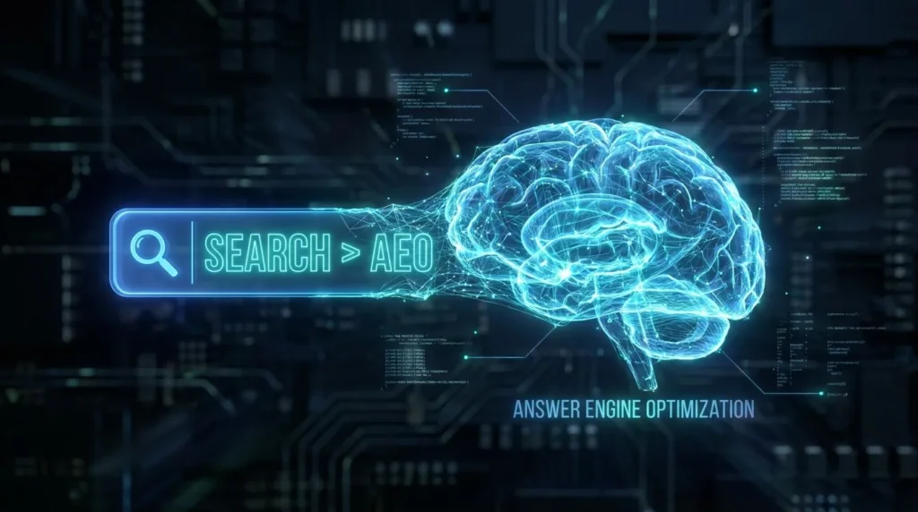 A futuristic glowing search bar transforming into a digital neural network, representing the shift from traditional SEO to Answer Engine Optimization (AEO).
