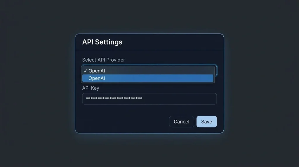A screenshot showing the API settings panel in Janitor AI where users can configure their OpenAI key, JanitorLLM, or Kobold AI setup.