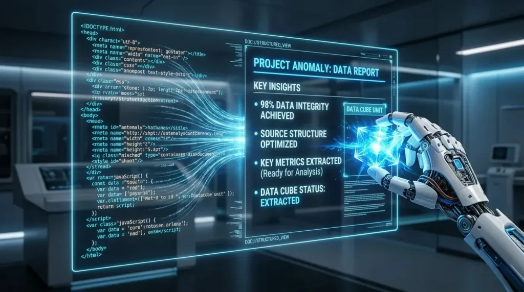 AI extracting clean structured data from an llms.txt file and schema markup for AI search engine parsing.