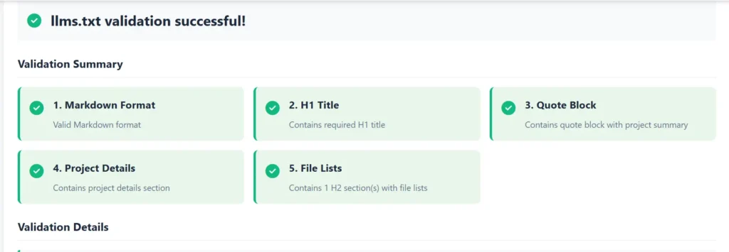Testing the file structure using the free LLMs.txt Validator tool with a 100 percent success score.