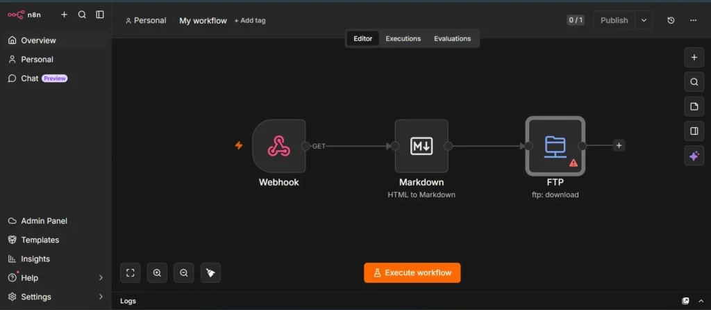n8n workflow automation canvas for generating and updating llms.txt files automatically.
