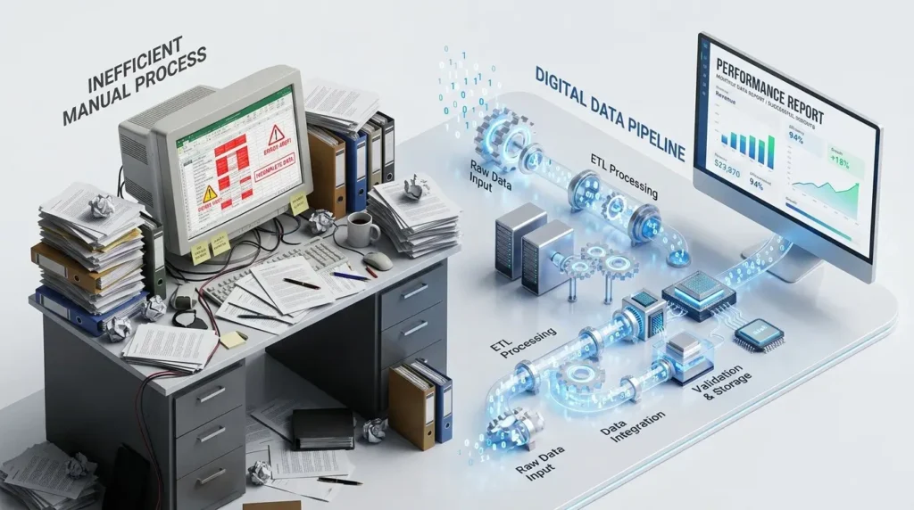 3D isometric comparison of messy manual SEO spreadsheets and a clean automated data pipeline.