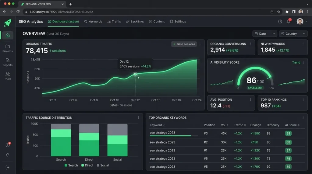 SEO analytics dashboard showing organic traffic recovery and AI search visibility metrics.