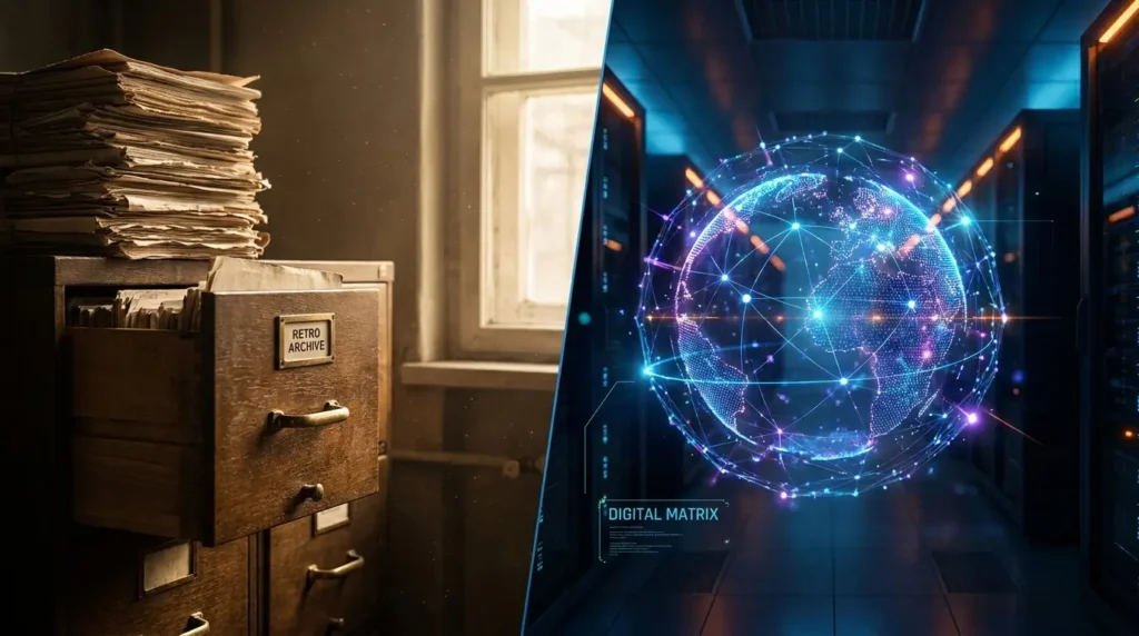 A split-screen visual showing outdated traditional SEO systems next to modern, glowing holographic data streams representing AI search engines.