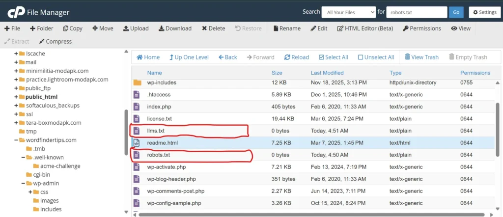 Uploading the llms.txt file to the cPanel public_html root directory next to robots.txt.
