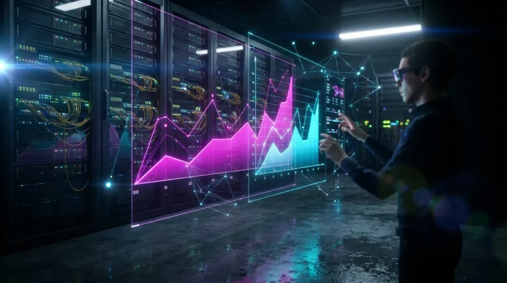 A futuristic holographic analytics dashboard showing sharp upward trends for zero-click traffic, AI brand citations, and AEO metrics.