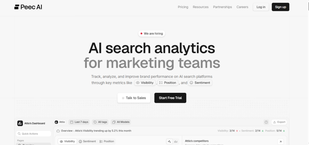 Leading LLM Optimizers in AI Visibility Sector (2026 Guide) Peec ai dashboard