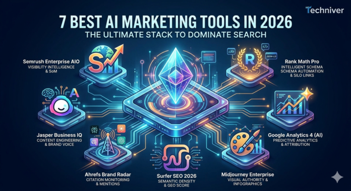 A high-tech digital ecosystem illustration of the 7 best AI marketing tools in 2026, including Semrush, Ahrefs, and Surfer SEO, designed for the ultimate stack to dominate search and Generative Engine Optimization.