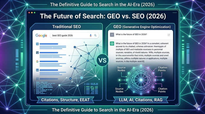 GEO vs SEO guide for 2026 showing the transition from traditional search to AI generative engines