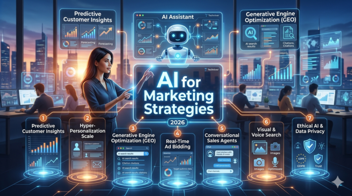 AI for Marketing Strategies 2026 infographic showing predictive customer insights and generative engine optimization.