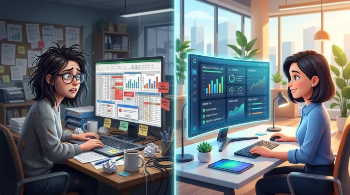 3D split-screen illustration comparing a stressed person doing manual SEO audits with a calm digital workspace using n8n automation.